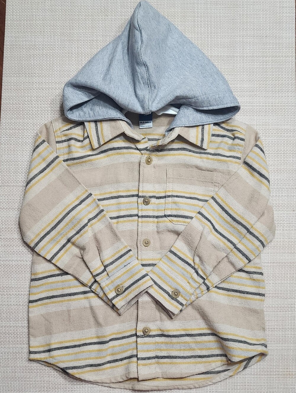 Old Navy Beige and Gray Striped Kids Button Down Shirt with Hood